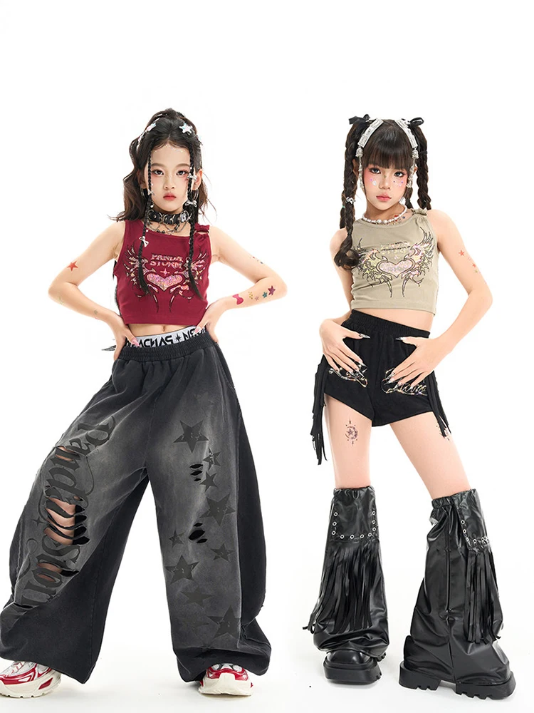 

Girls Kpop Diamond Vest Crop Tops Jazz Dance Costume Kids Modern Hip Hop Dance Performance Outfit Baggy Pants Rave Wear BL19124