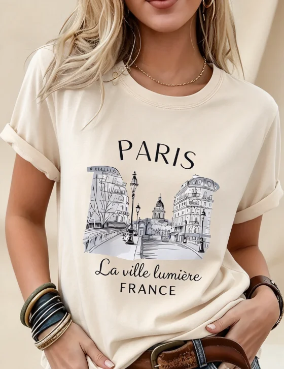 2026 Fashion New Women Crew Neck Short Sleeve T-Shirt, Loose Casual Paris Graphic Print, Eiffel Tower & French Lettering Design, Daily Wear Basic Top Tee