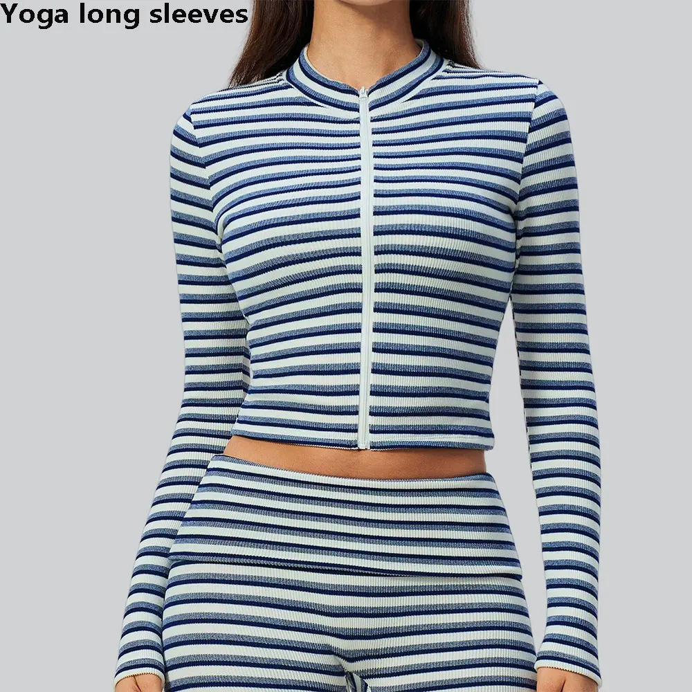 Ribbed Striped Stand Yoga Tops Women Standing Collar Yoga Long Sleeved Sports Jacket Running Training Fitness Crop Top Gym Shirt