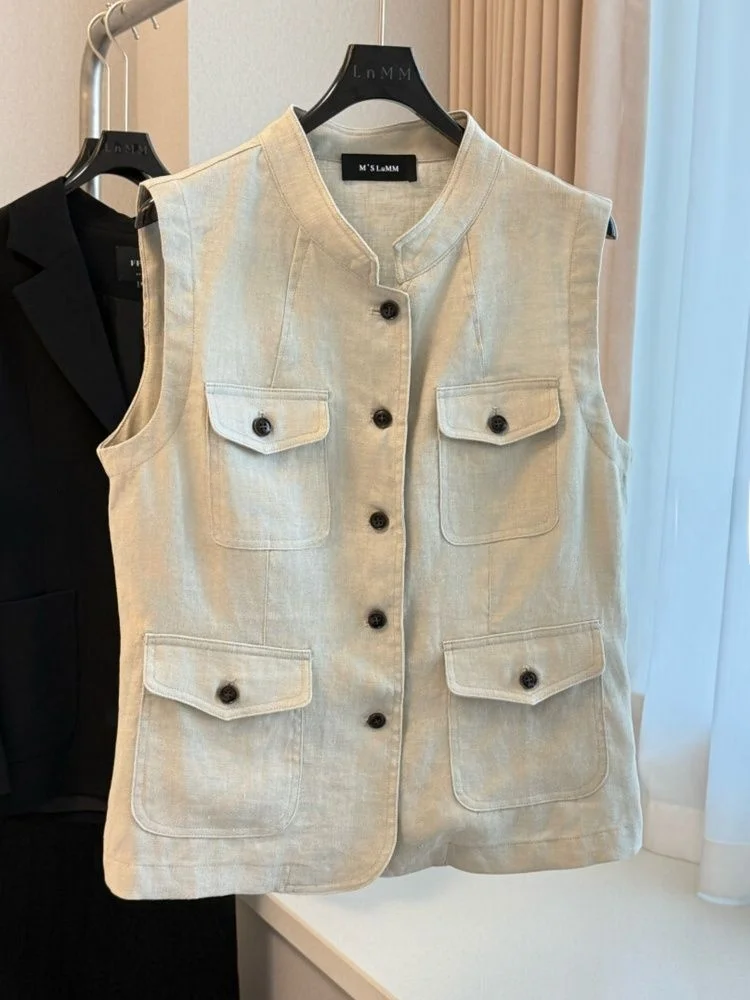 

Женская жилетка больших размеров, осенняя, для многослойных образов, без рукавов, с воротником-стойкой, с множеством карманов, в рабочем стиле, для повседневной носки, ветрозащитная, тонкая, стандартного кроя