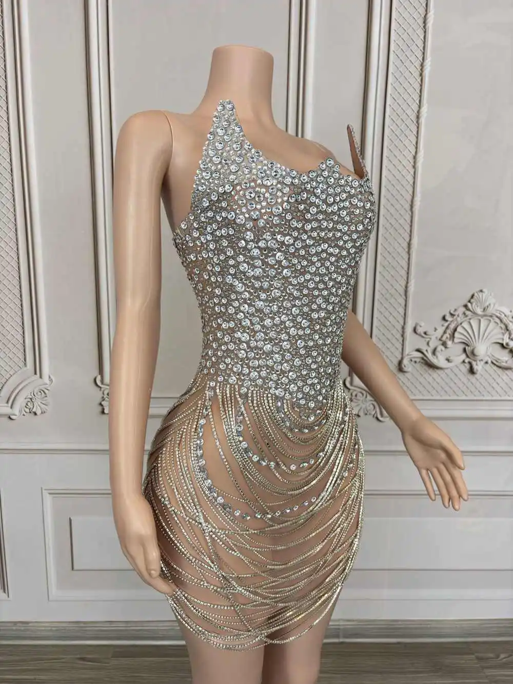 Błyszczące cyrkonie Łańcuchy Krótka sukienka dla kobiet Seksowna siateczka Przezroczysta wieczorowa impreza Prom Sukienka urodzinowa Strój do sesji zdjęciowej