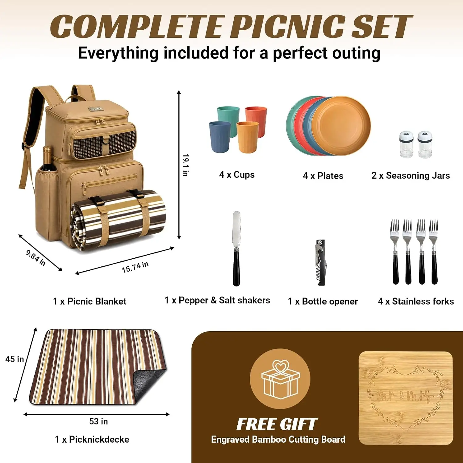 4-Person Large Picnic Basket Backpack with Insulated Cooler, Dry and Wet Compartment Separation, Multi-Pocket Storage Organizer, Couples Wedding and Bridal Shower Gift, Tan