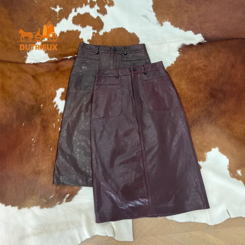 Mittellanger, hoch taillierter, hüftumwickelter A-Linien-Rock für Damen im Herbst und Winter, edler und femininer Rock aus 100 % echtem Schaffell