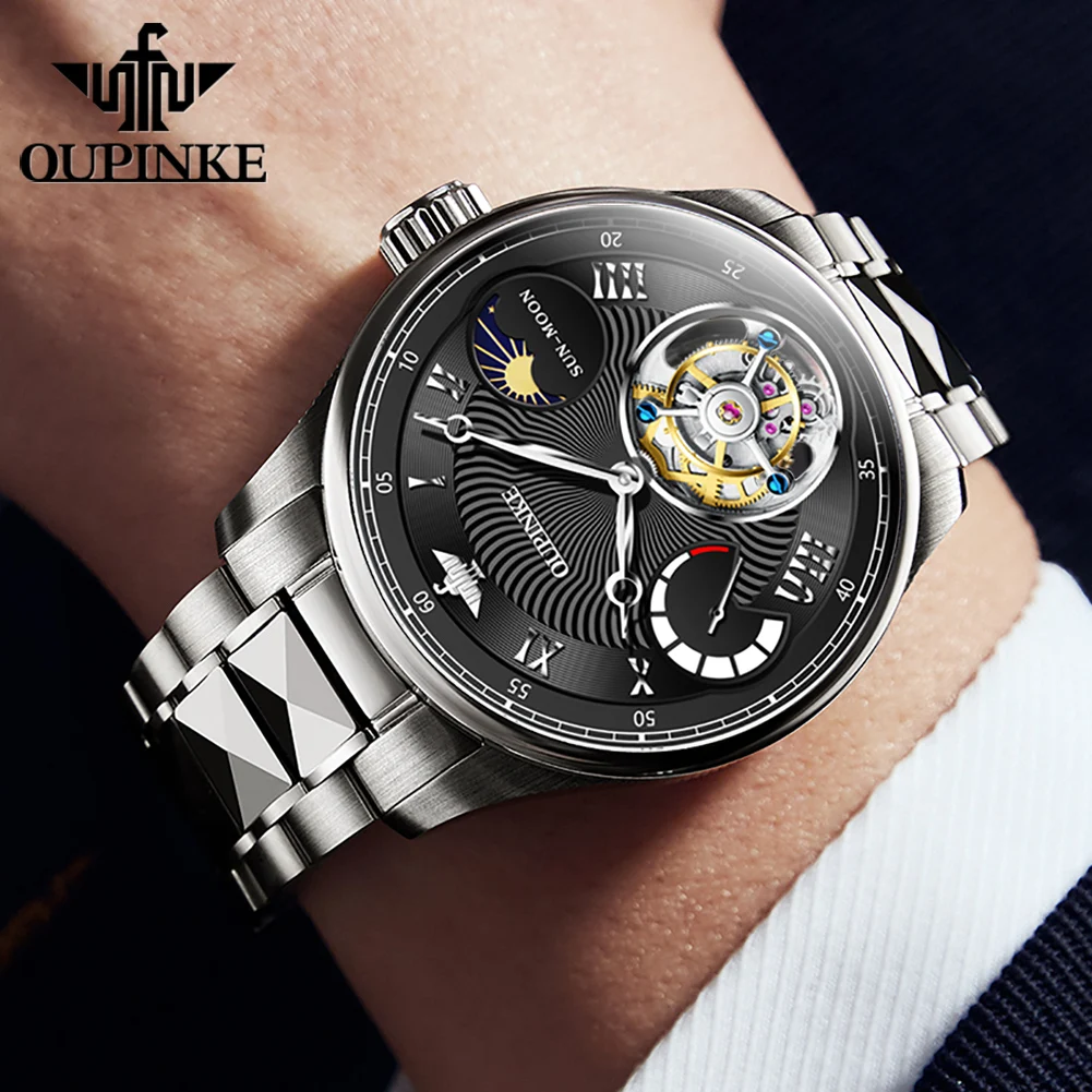 OUPINKE 8001 Tourbillon Men Automatic Mechanical Watch High end Moonphase Waterproof Luxury Sapphire Mirror Original Men Watch