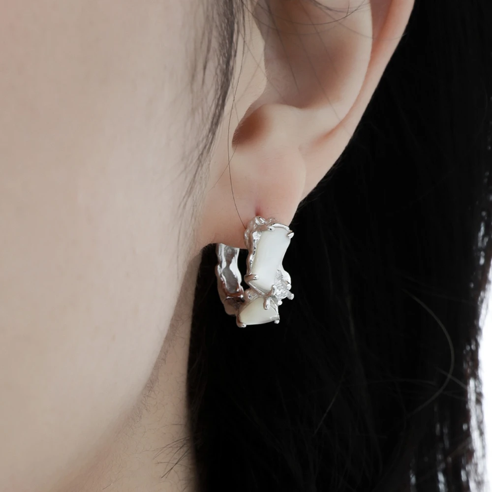 

S925 Sterling Silver Earring Women's Fashion Jewelry Mother-of-pearl Hoop Earrings Irregular Original Design Wholesale Ins Gift