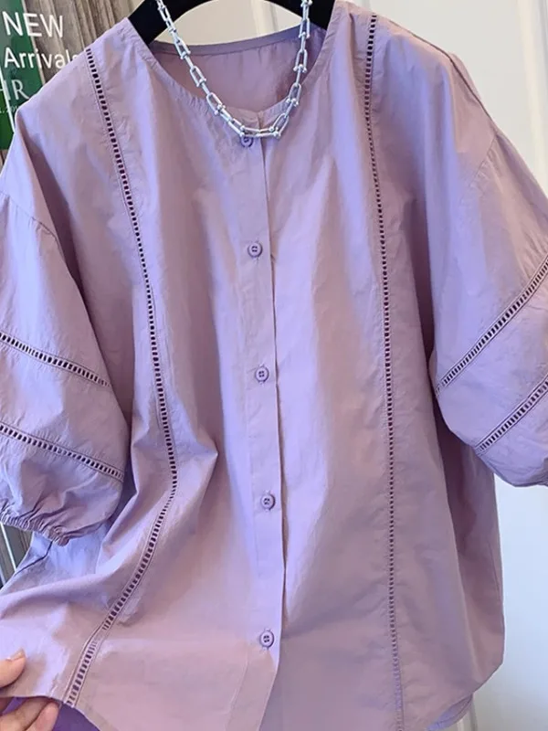 

Ele Hollow out Bubble Sve ort Sve irt Loose Women's Doll irt Summer 2025 New Sle Commute Sle Pure Color