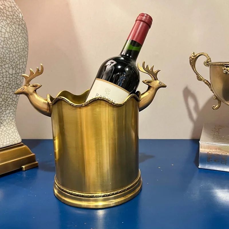 American retro old brass deer head metal ice bucket living room wine cellar decorative ornament retro red wine bucket