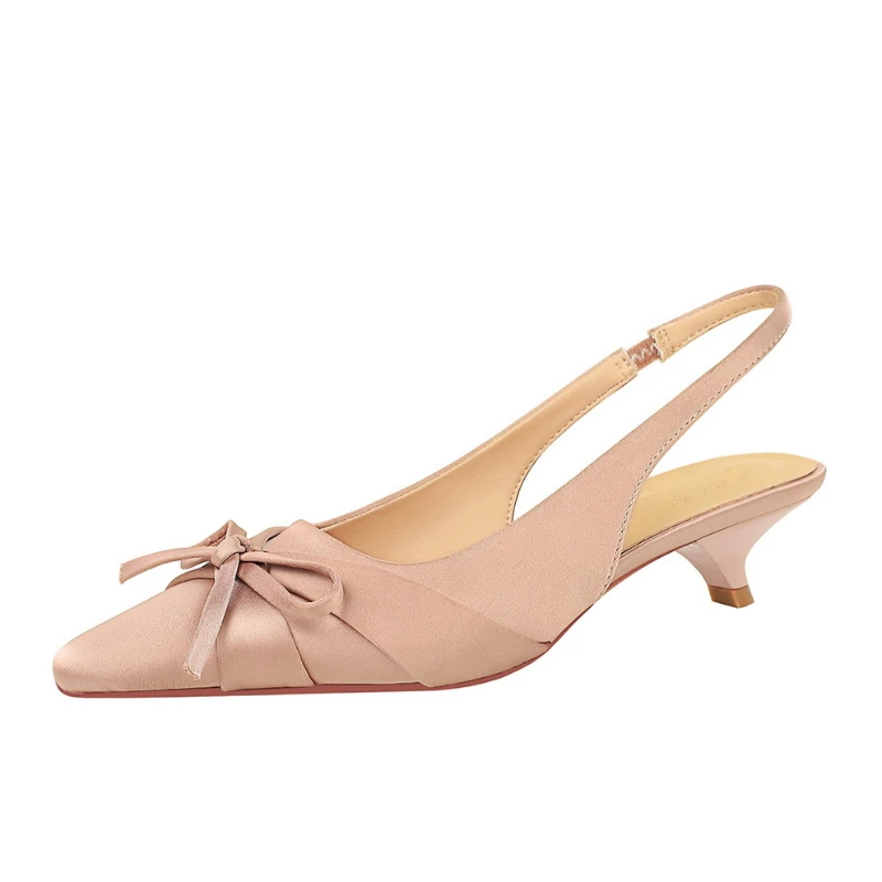 French Banquet Silk Bow Thin Heel Shallow Mouth Single Shoes Women Pointed Toe Low Heels Back Empty Trip Strap Women's Shoes