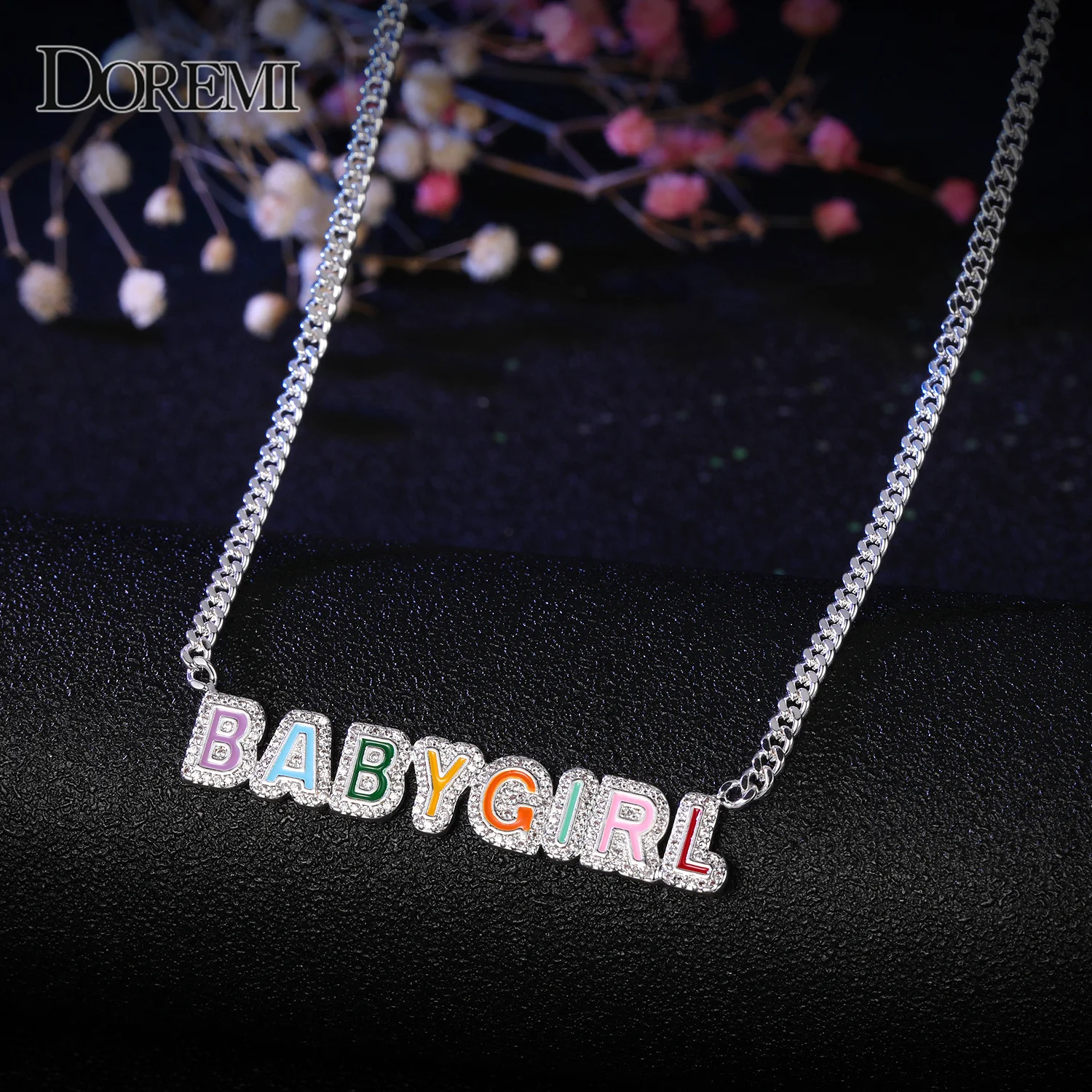 DOREMI Cuban Chain Enamel Name Necklace Iced Out Personalized Custom Letter Necklace Colorful Crystal Pendant Christmas Gift