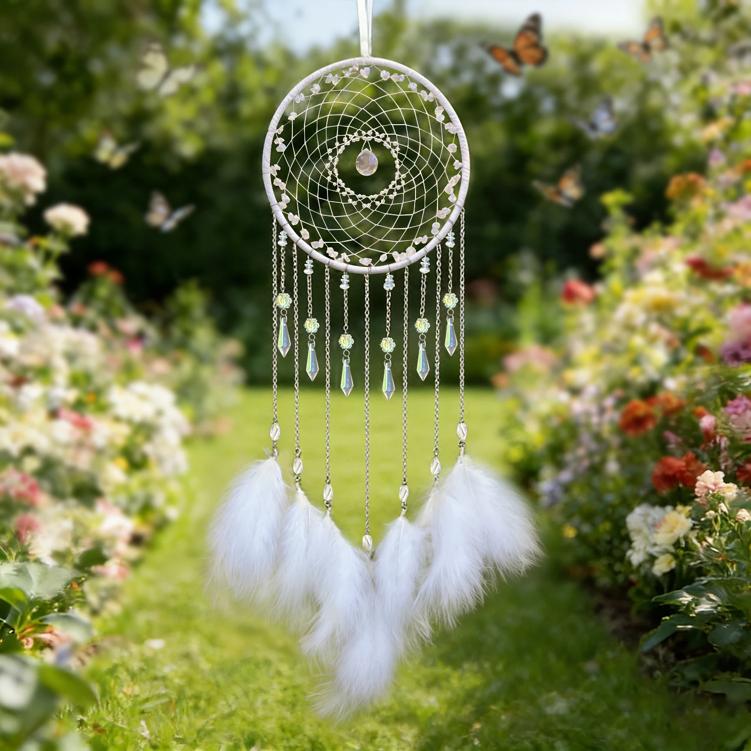 White Feathers Dream Catcher Large Wall Hangings Garden Wind Chimes Bedroom Decoration Door Pendants For Girls Birthday Gifts