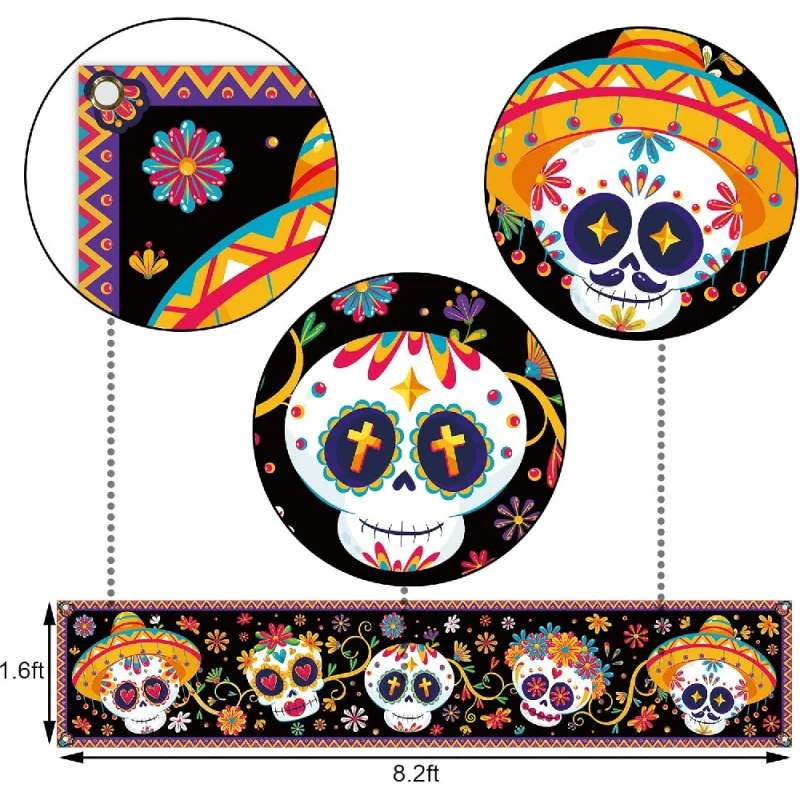 1pc Day of The Dead Fence Banner Dia De Los Muertos Sugar Skull Mexican Holiday Photo Booth Backdrop Outdoor Decoration