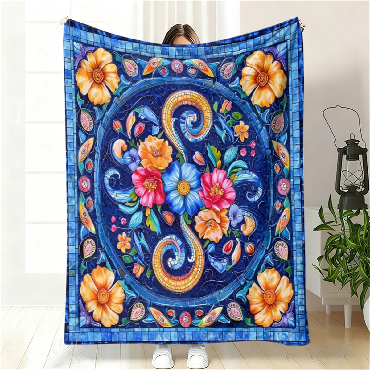 Stained Glass Floral Mandala Throw Blanket, Vibrant Mosaic Decor for Couch, Bed, Living Room & Bohemian Home Settings
