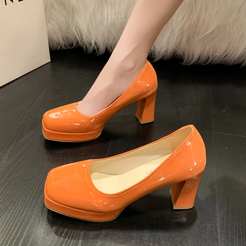 Fashion Patent Leather Pumps Women Plus Size 43 Platform Square Toe Party Shoes Woman 2024 Spring Thick High Heels Pumps Ladies