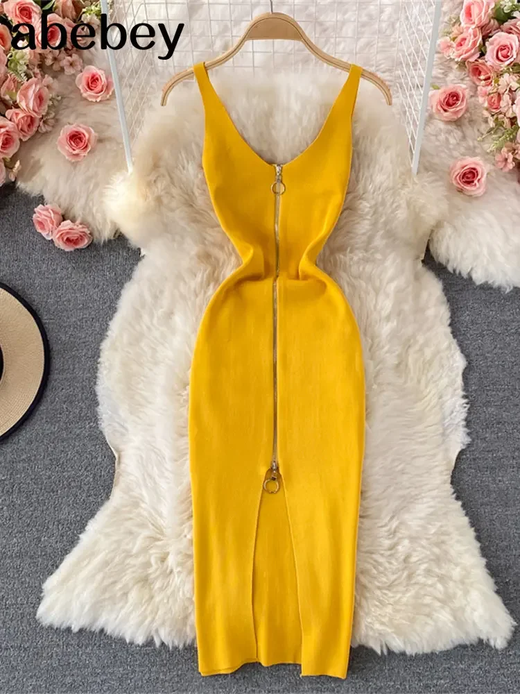 Zipple  2026 Sexy Summer Knit Strap Dress Women Tank Elatic Waist Bodycon Sundress Female Beach Split Backless Midi Dress