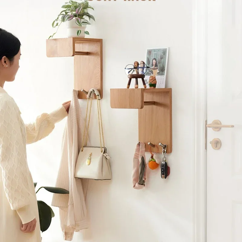 

Nordic Wall Mounted Coat Rack Solid Wood Foyer Clothes Hanger Multi Purpose Clothes Hook Stable Load-bearing Storage Shelf