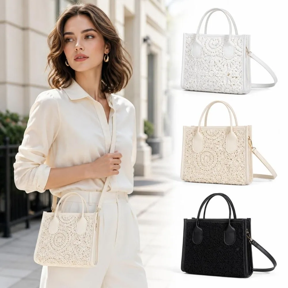 Removable Shoulder Strap Tote Bag Floral Crochet Lightweight Hollow Lace Handbag Large Capacity Hollow Lace Crossbody Bag Women