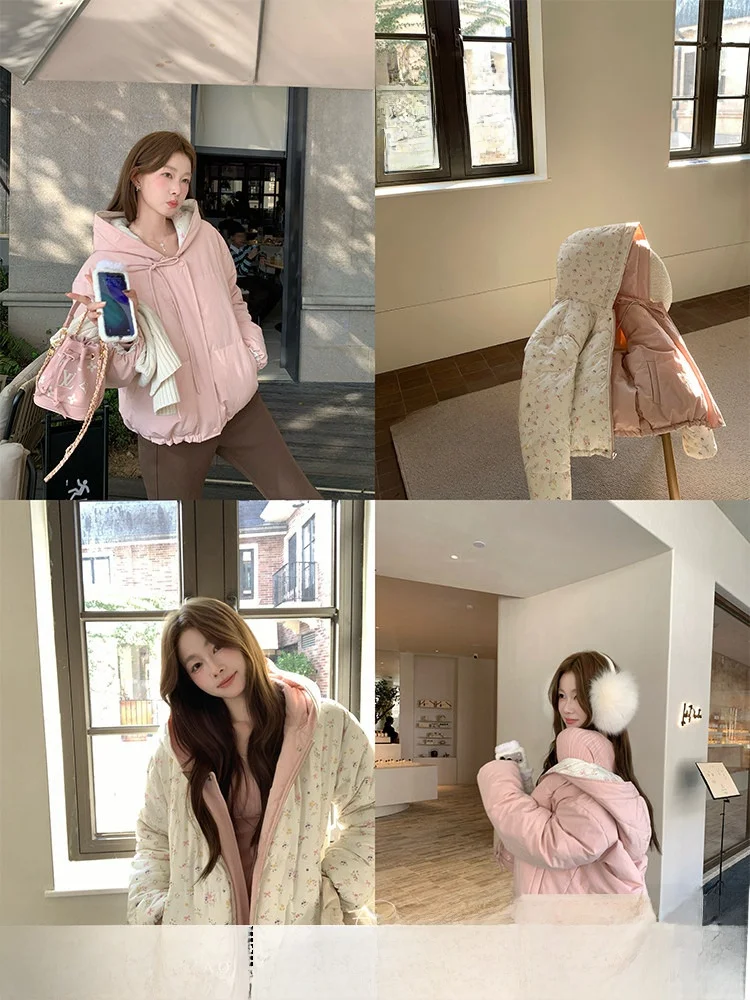 

Зимняя женская куртка Stberry Daifu Korean Sle из хлопка с мелким цветочным принтом, двусторонняя, с капюшоном, теплая верхняя одежда