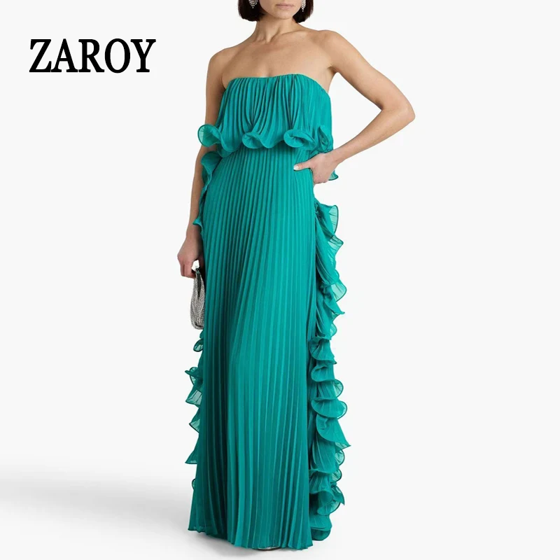

Pleated Chiffon Long Dress Women Sexy Strapless Off Shoulder Ruffled Evening Party Dress temperament Beach Holiday Maxi Dress