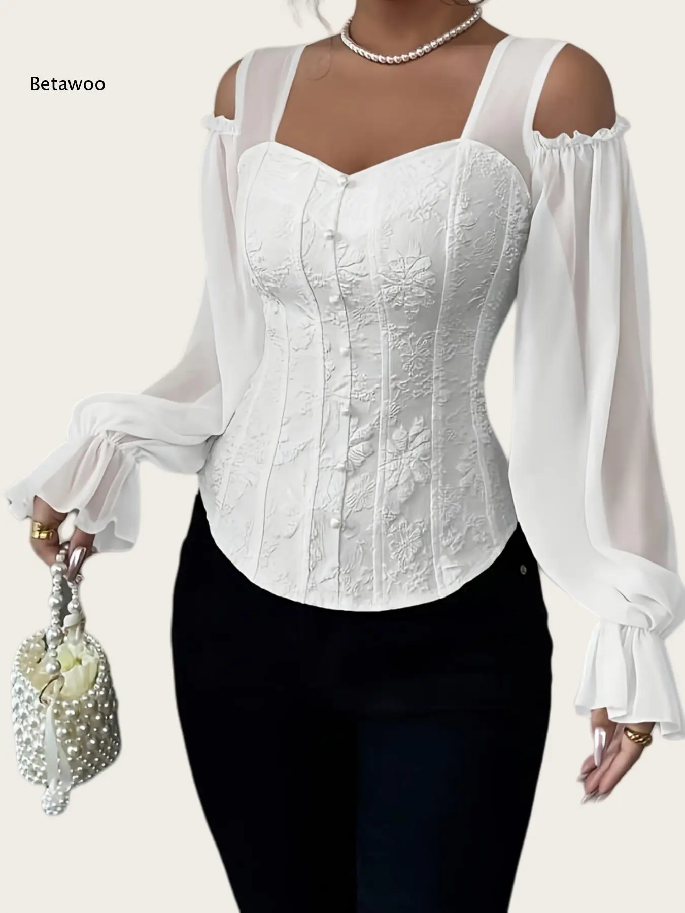 Women Cold Shoulder Top Sheer Puff Long Ruffle Sleeve Floral Jacquard Button Front Fitted Curved Hem Blouse for Daily