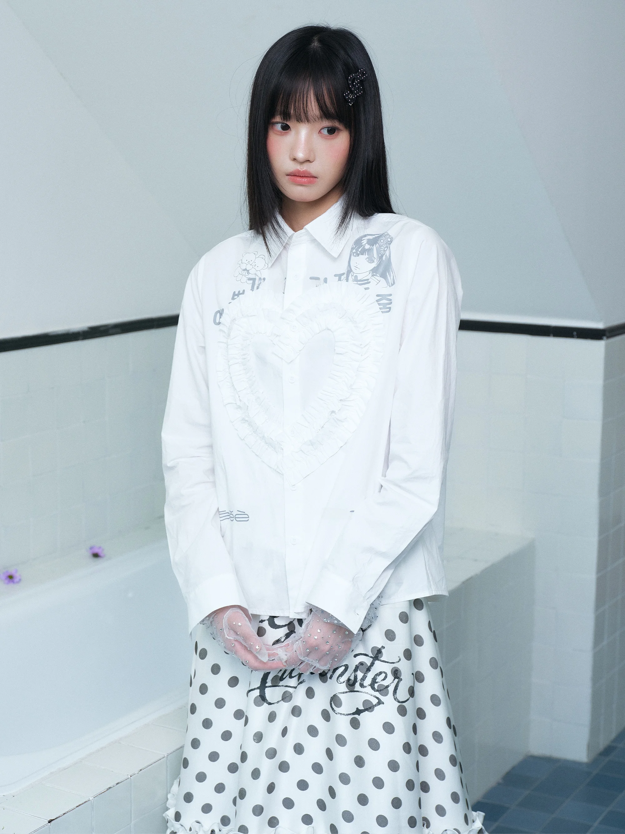 Spring Bloom Puff Sleeve Heart Print Shirt Korean Style Girl's Cotton Long Sleeve Punk Style Open Cardigan Shirt for Autumn