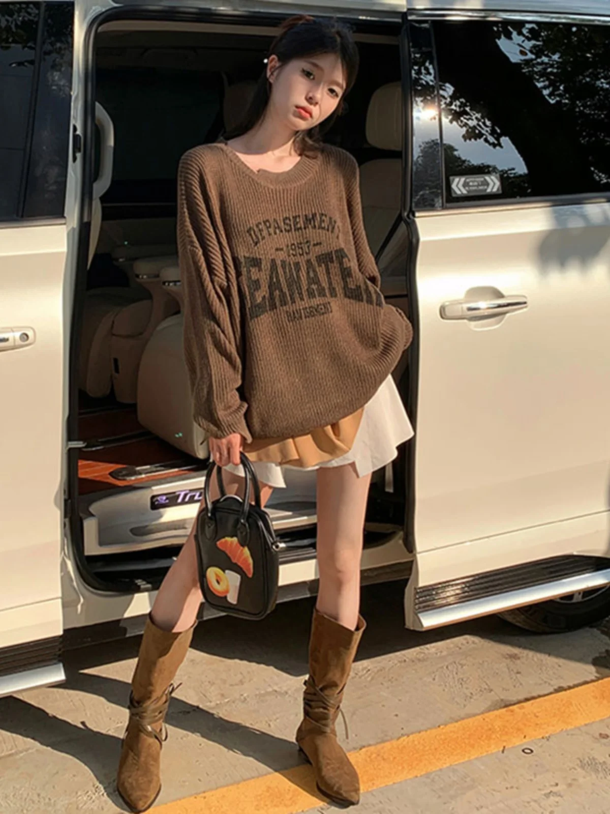 

Осень 2023, американский трикотаж в стиле ретро с буквами, свободный ленивый ажурный длинный топ Spicy Girl, круглый теплый топ из Thiened из полиэстера