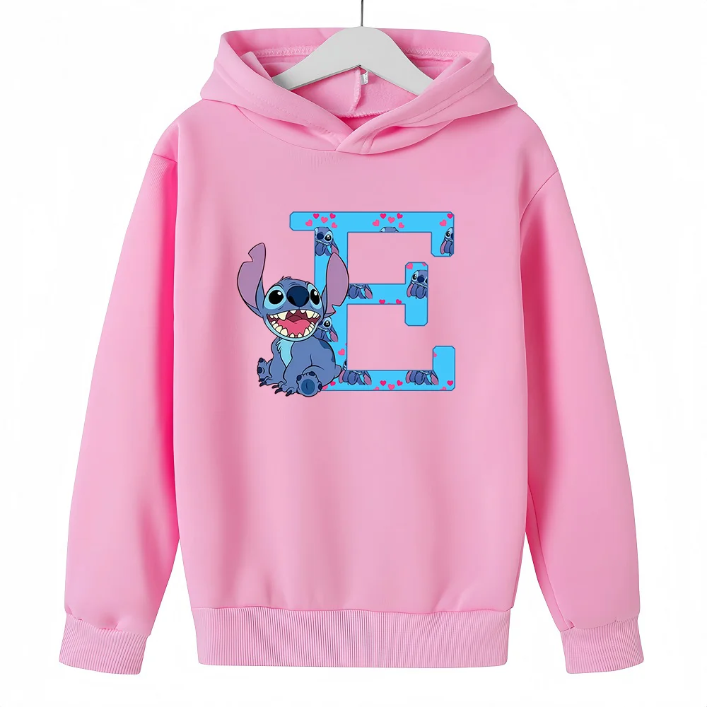 Sudaderas con capucha para niños y niñas, suéter de Manga con dibujos animados de Anime, ropa informal, Tops de moda Kawaii, letras Stitch, Rosa