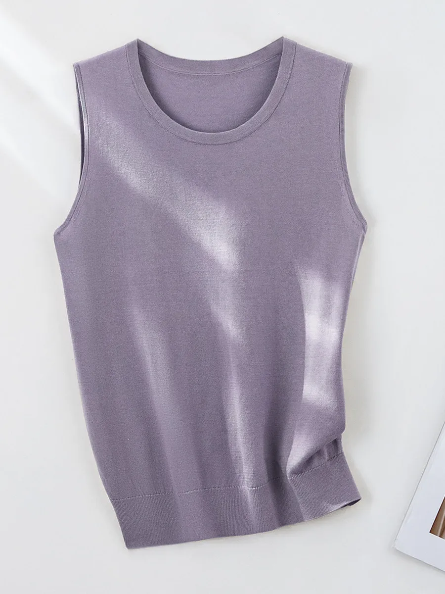 

Легкий вязаный жилет из шелковой смеси с круглым вырезом, повседневный универсальный базовый слой для женщин, фиолетовый, весна-лето