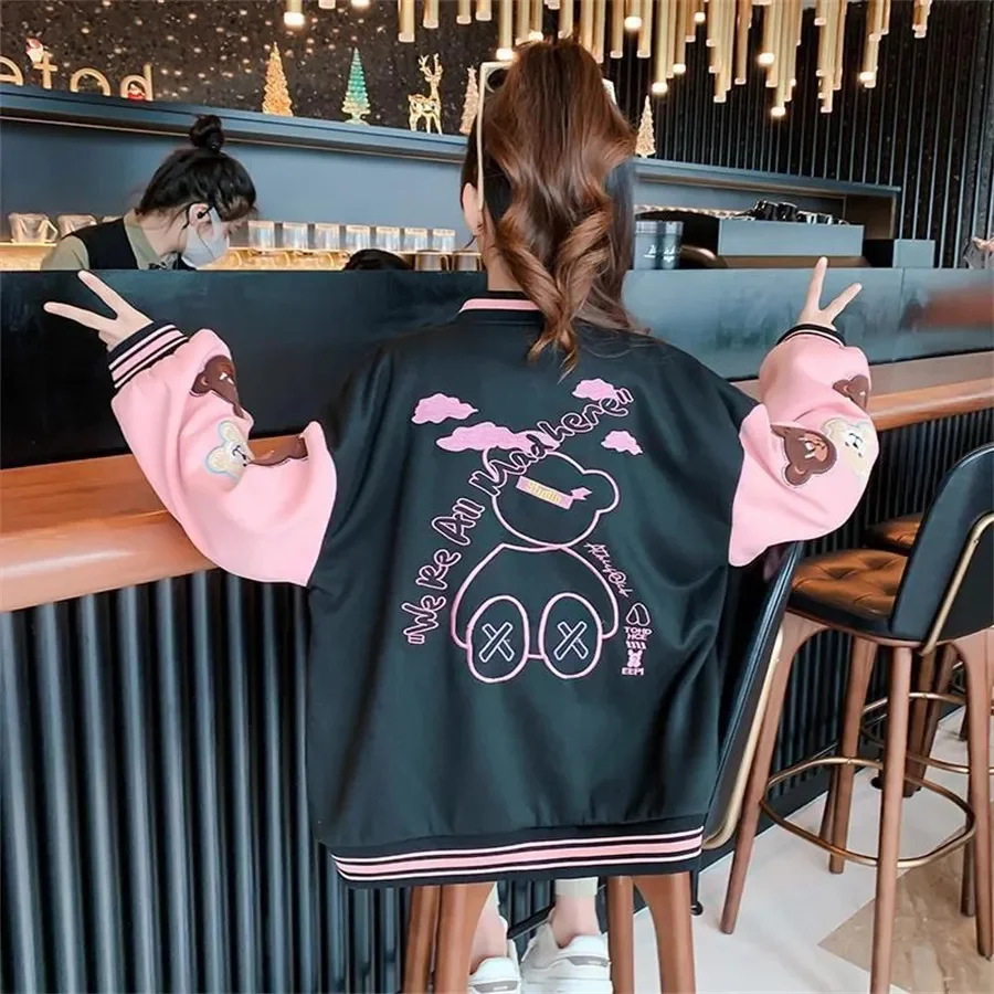 

Teen Girls Spring Autumn Fashion Bomber Jackets Kids Streetwear Baseball Uniform Sport Coat Loose Students Outerwear 8 10 12 14Y