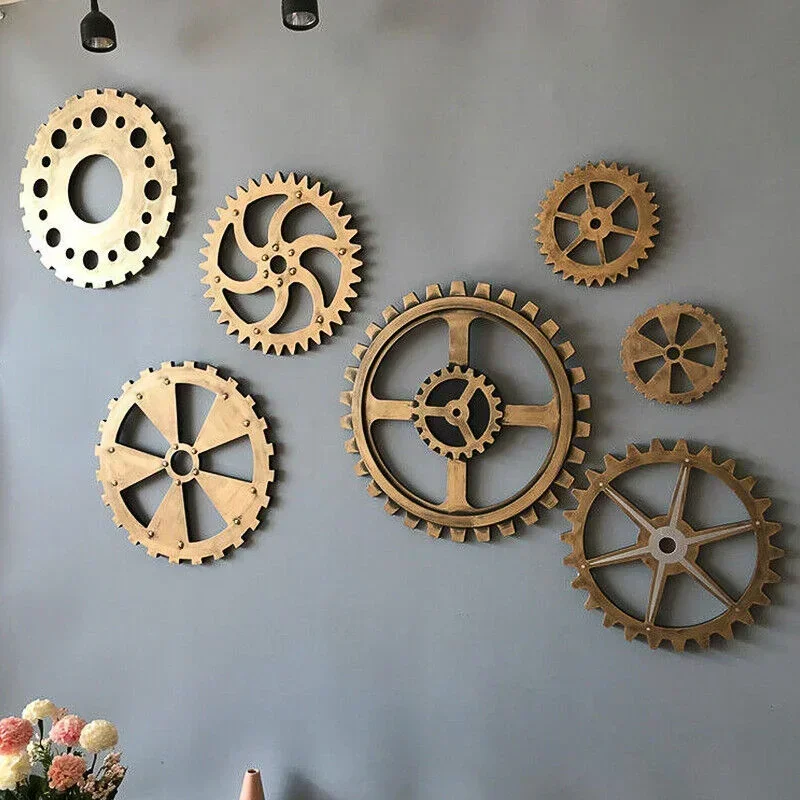 Ingranaggio per scultura Steampunk Gear, ruota in legno dorato vintage, ornamenti dal design retrò, decorazione da parete, artigianato in legno