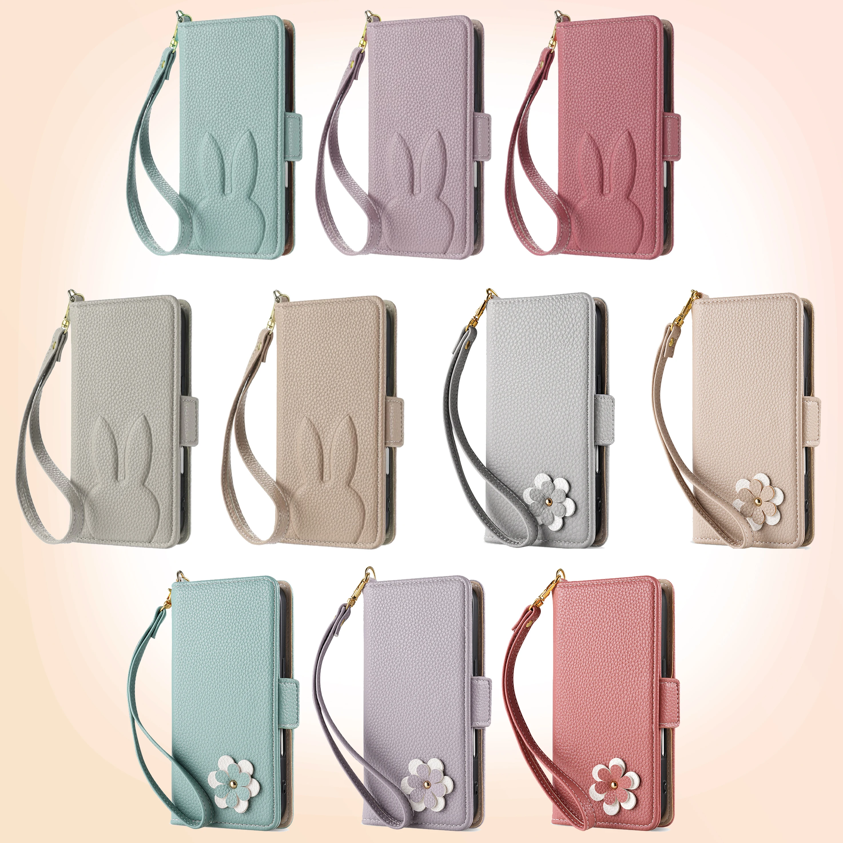 Niedliche 3D-Kaninchen-Blumen-Leder-Handy-Mappenhülle für iPhone 16 15 14 Plus 13 12 11 Pro Max XS X SE 16e Kartensteckplatz Flip-Cover – Detail 1