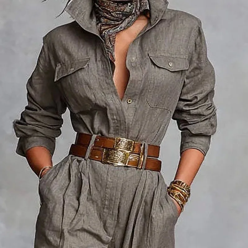 

Женский осенний женский комбинезон с высокой талией, повседневная рабочая одежда с длинными рукавами и карманами, осенний винтажный однотонный пригородный комбинезон