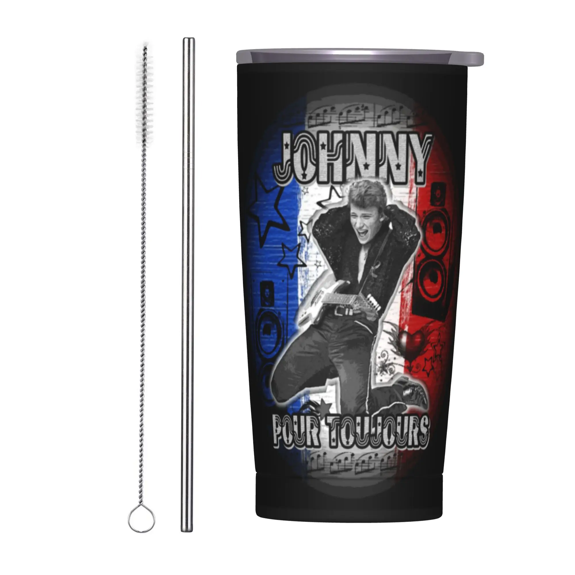 Johnny Hallyday Forever Tumbler Vacuum Insulated Rock Music Thermal Cup Vacuum Flask Double Wall Mugs Water Bottle, 20oz