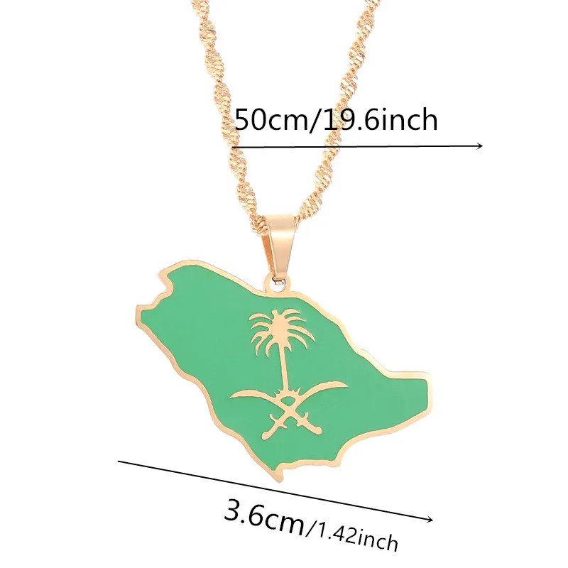 Saudi Arabia Map With Green Enamel Flag Pendant Necklace Stainless Steel Gold Silver Color Arab Emblem Symbol Ethnic Jewelry