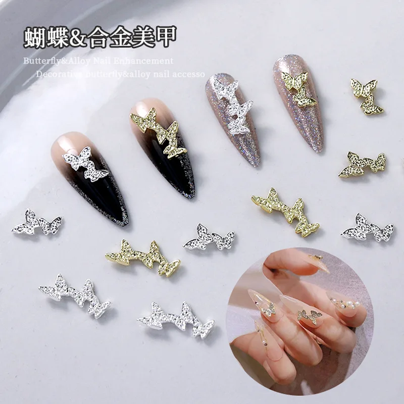 New 10pcs/bag Cute Kawaii Mini nail accessories Metal gold silver Conjoined butterfly DIY nail decoration charms gems Wholesale