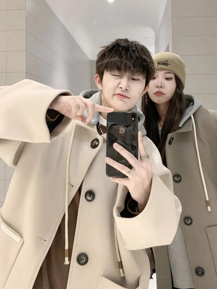 

Утепленное шерстяное пальто средней длины для мужчин, осенне-зимняя верхняя одежда, парные модели для влюбленных, теплое, модное, повседневное пальто