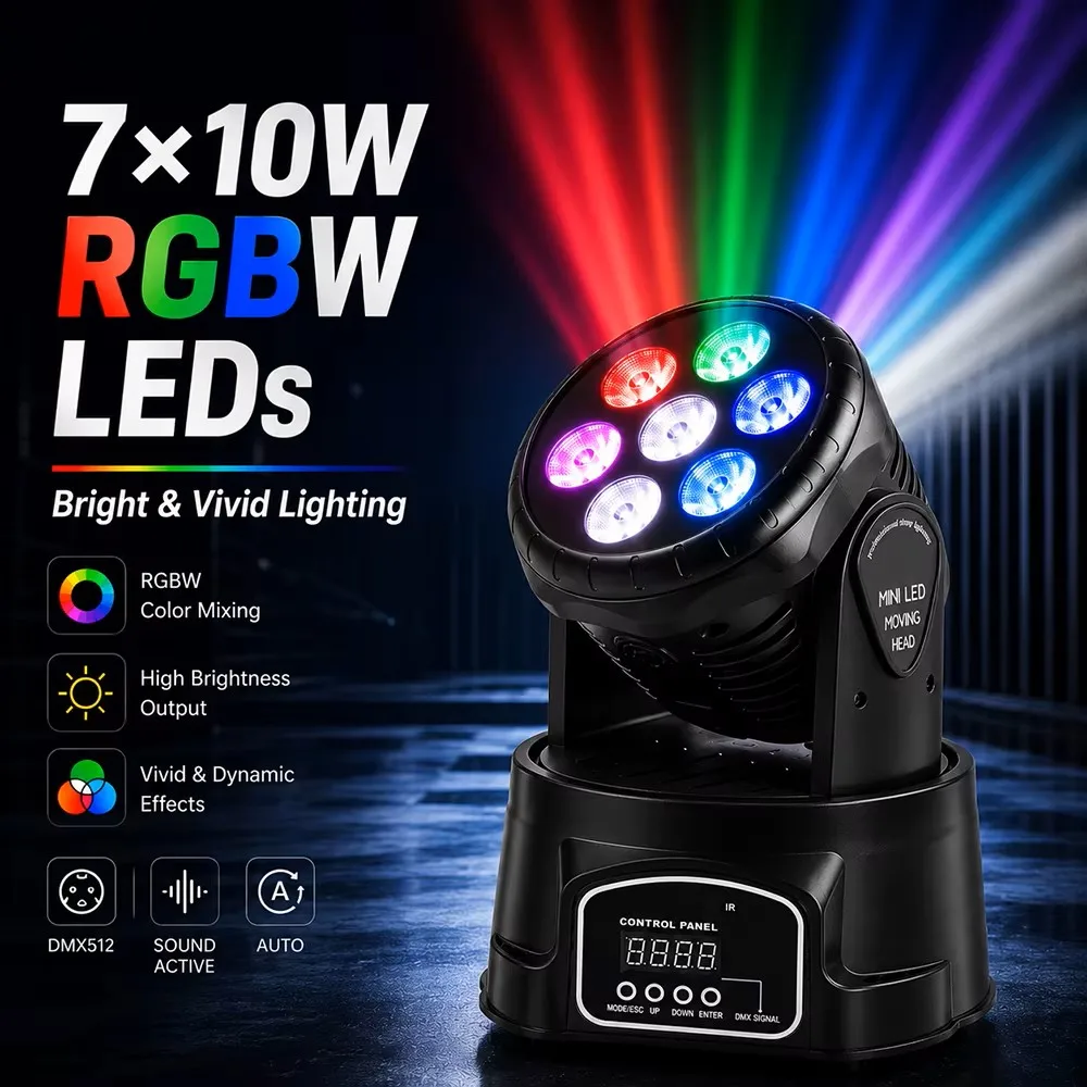 DAGTOUZ 7LED RGBW Mini Moving Head Light 1/2/4PCS DMX Sound Activated No Remote DJ Bar Club Wedding Disco Party Stage Wash Lamp