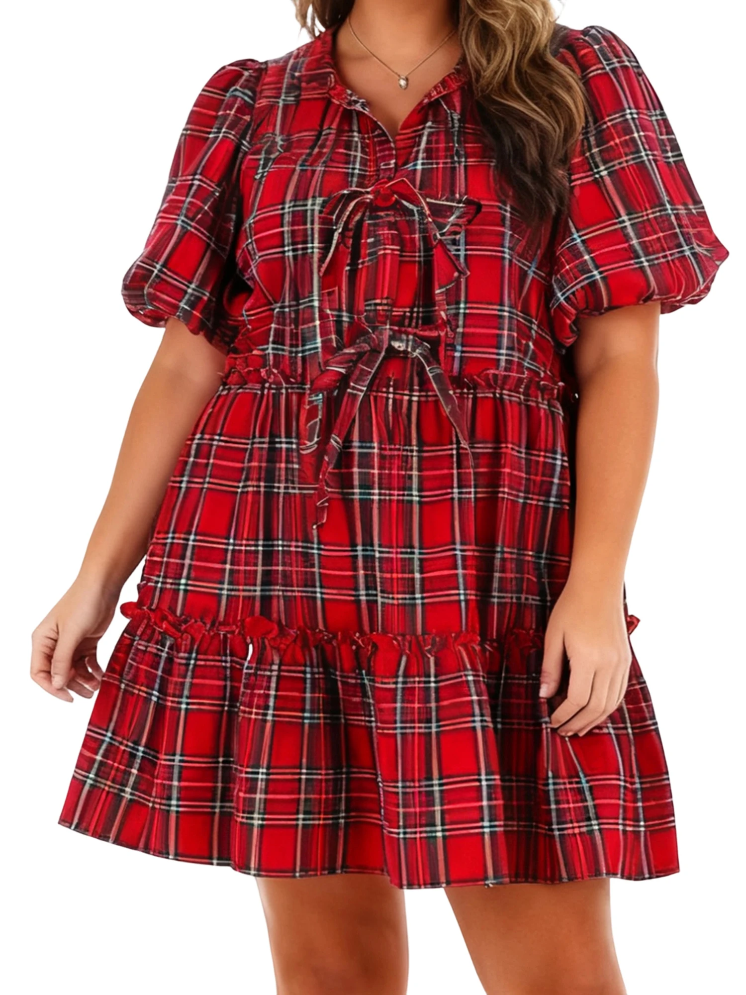 

Женское летнее платье больших размеров с коротким рукавом и отложным воротником с завязками спереди, клетчатое платье