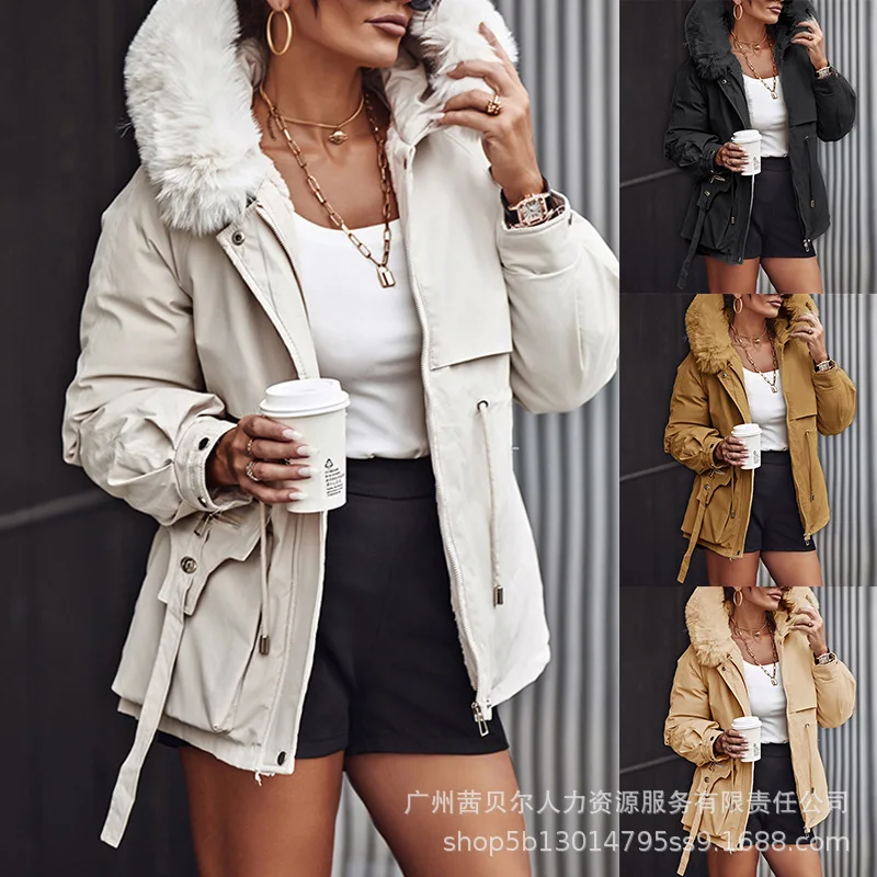 

Winter New Parkas Coat Women's Fashion Pocket Stitching Plush Hooded Warm Jacket Women's Casual Long Sleeve Zipper Button Parkas