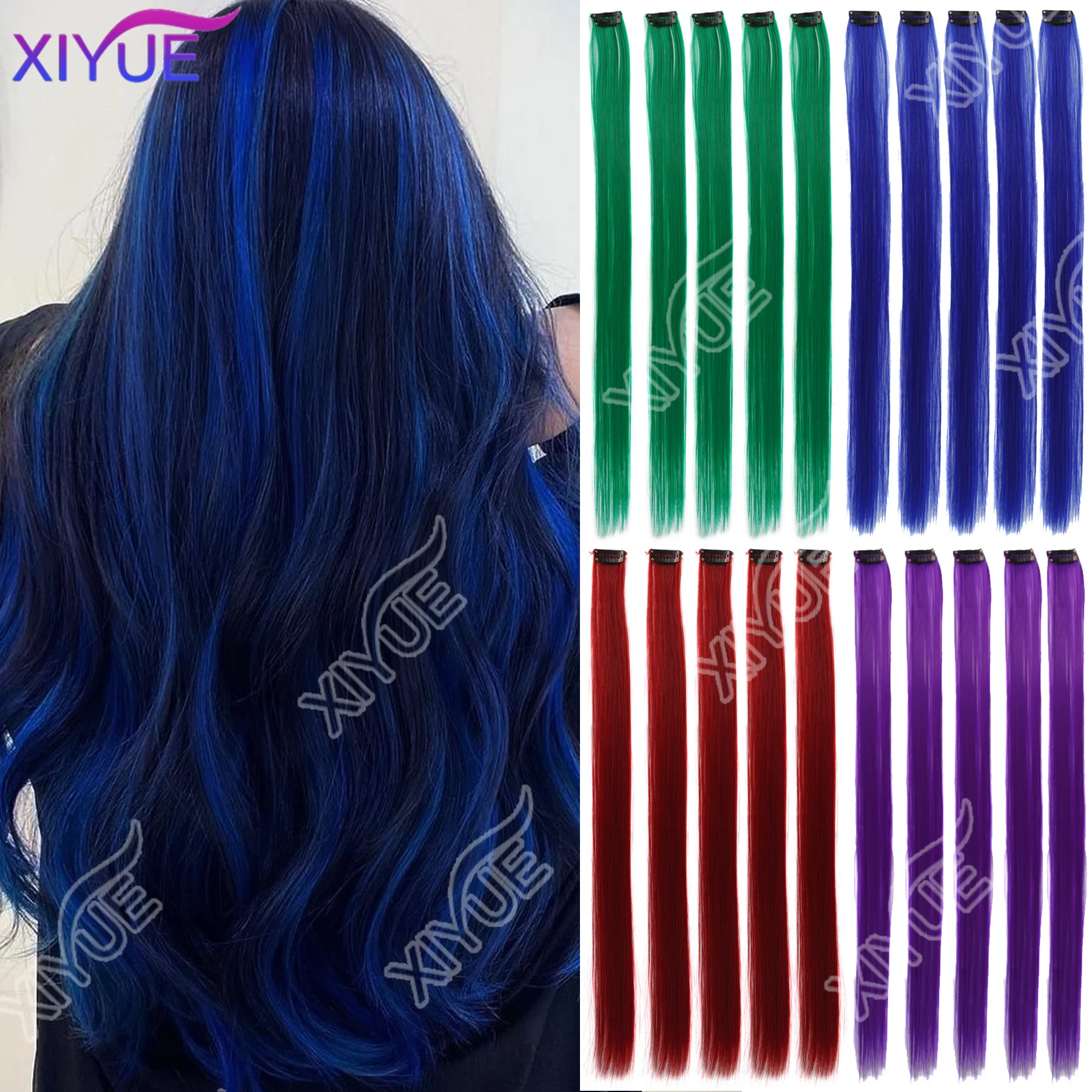 10PCS/Pack Colored Party Highlights Clip in Hair Extensions for Girls 24 Inches Omber colors Straight Hair Synthetic Hairpieces