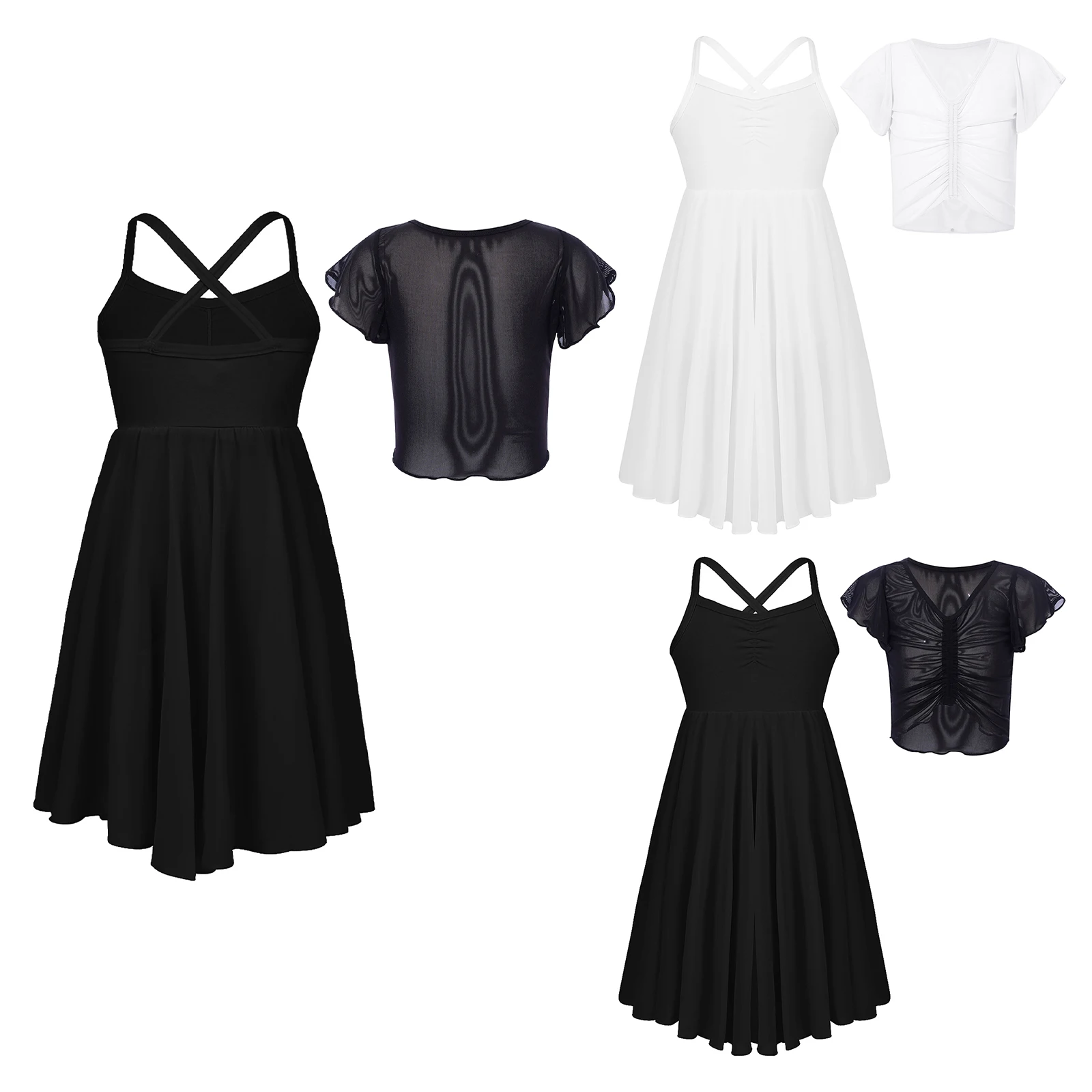 

‌Kids Girls Sheer Mesh Crop Top with Ruffled Chiffon Skirt Dress Set for Lyrical Modern Ballet Dance Outfit V-Neck Design