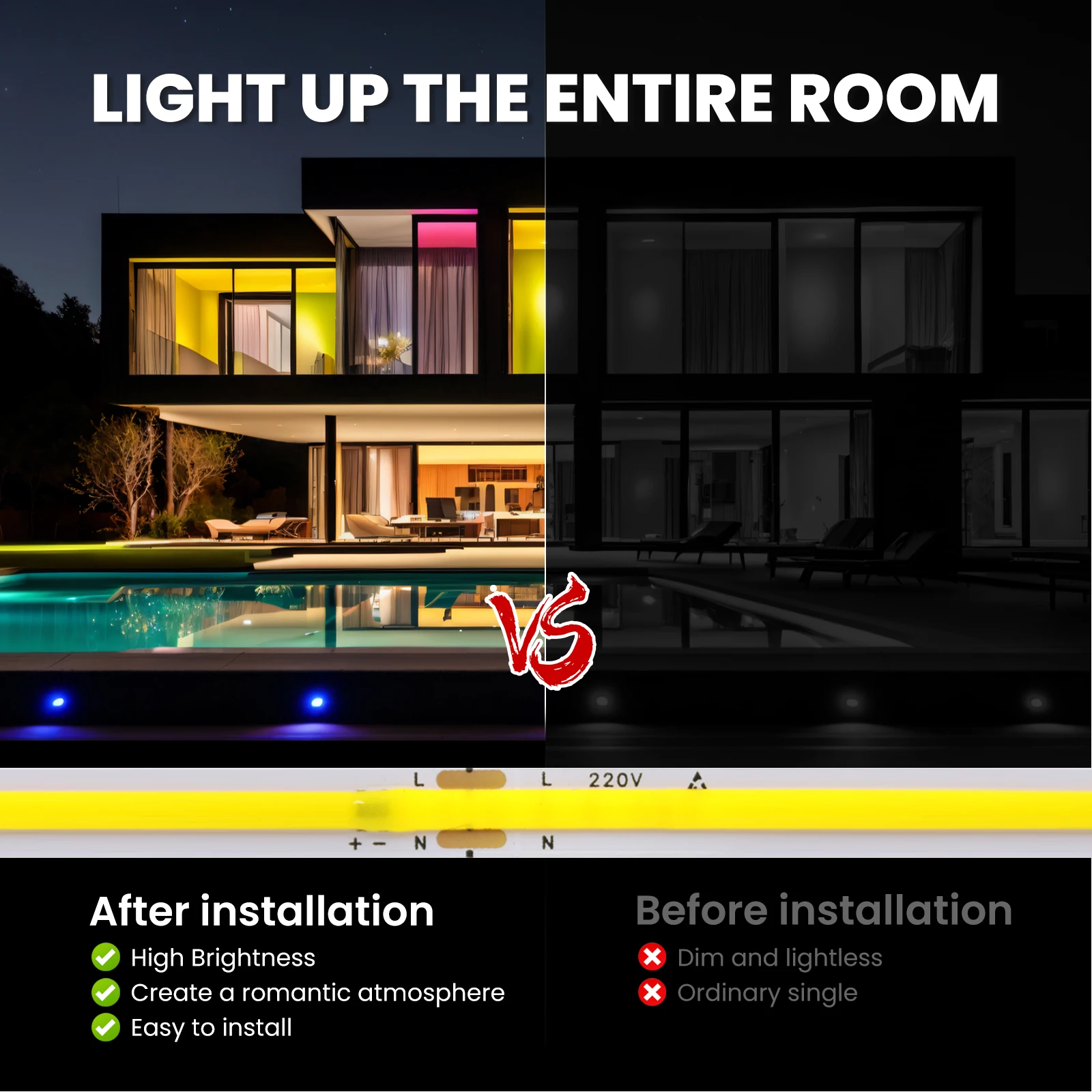 220V 5m 10m 15m 20m 50m COB Strip 240Leds/M 3000K 4000K 6000K Flexible Ribbon Rope LED Light Driver Build In Home Decor 8mm PCB