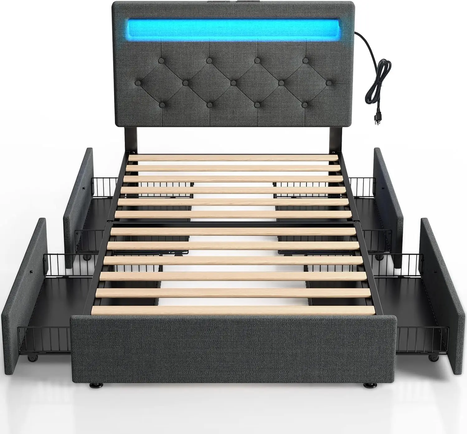 Twin Size Bed Frame with Charging Station and LED Lights, Upholstered Bed with Adjustable Headboard and 4 Storage Draw