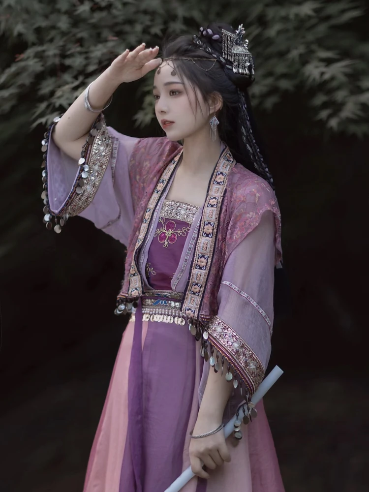 Hanfu الأرجواني الشيفون فستان طويل للنساء ، الدانتيل التطريز مع شرابة ، رائعة تنورة قصيرة ، الصيف ضوء ، تنفس النمط الصيني