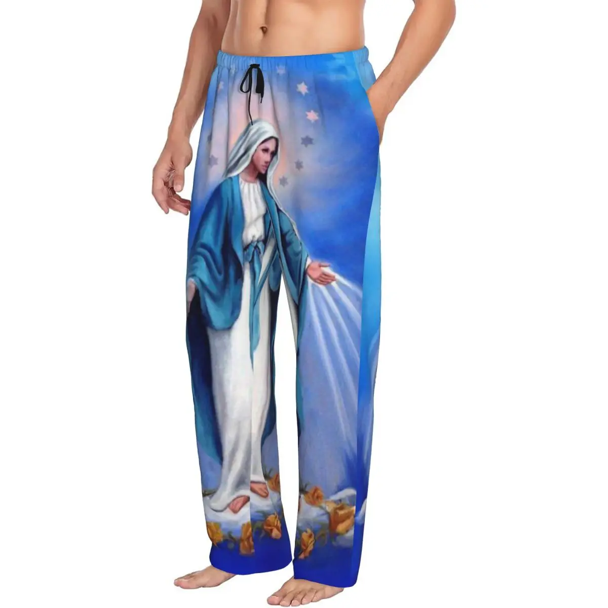 Custom Print Catholic Virgin Mary Pajama Pants for Men Our Lady of Fatima Sleep Sleepwear Bottoms with Pockets