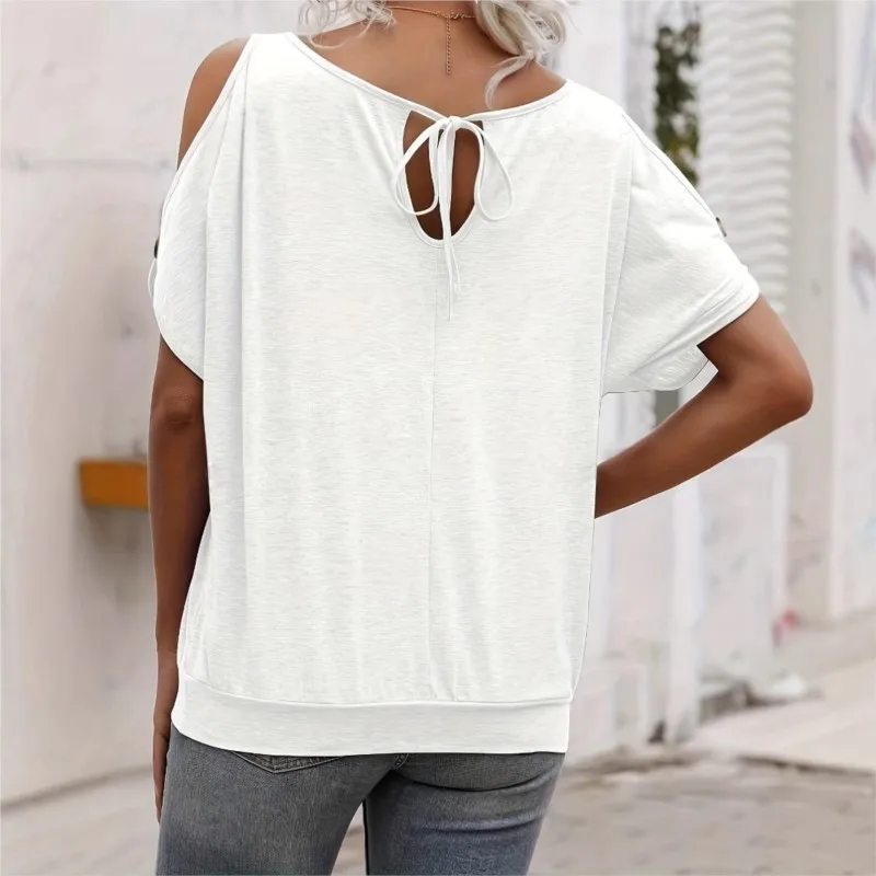 Off Shoulder Single Sleeve Design Fashion Elegant Hollow T-shirt Top Women's Summer New Versatile Pullover Commuting Camping Top