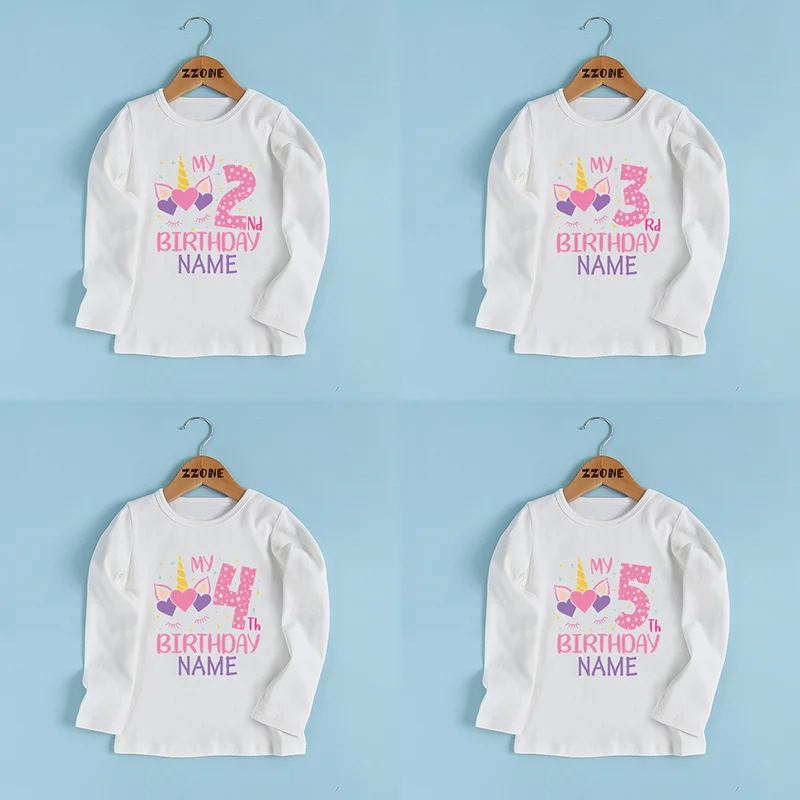 

My Birthday Girls Unicorn Print T shirt 1 2 3 4 5 6 7 8 9 Years Customize Name Kids T-shirts Cute Baby Girls Long Sleeve Clothes