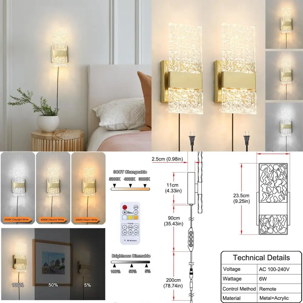 

Set of 2 Dimmable Gold Wall Sconces with Remote, 6W LED 3000K-5000K, Timer, for Bedroom, Living Room, Bathroom