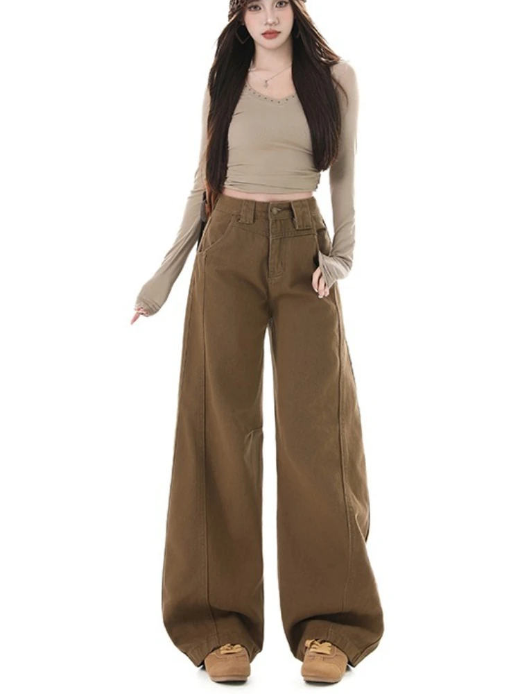 الخريف خمر واسعة الساق البني المرأة الجينز النساء عالية الخصر فضفاض الدنيم السراويل الكورية مستقيم المنشعب فضفاض بناطيل كاجوال