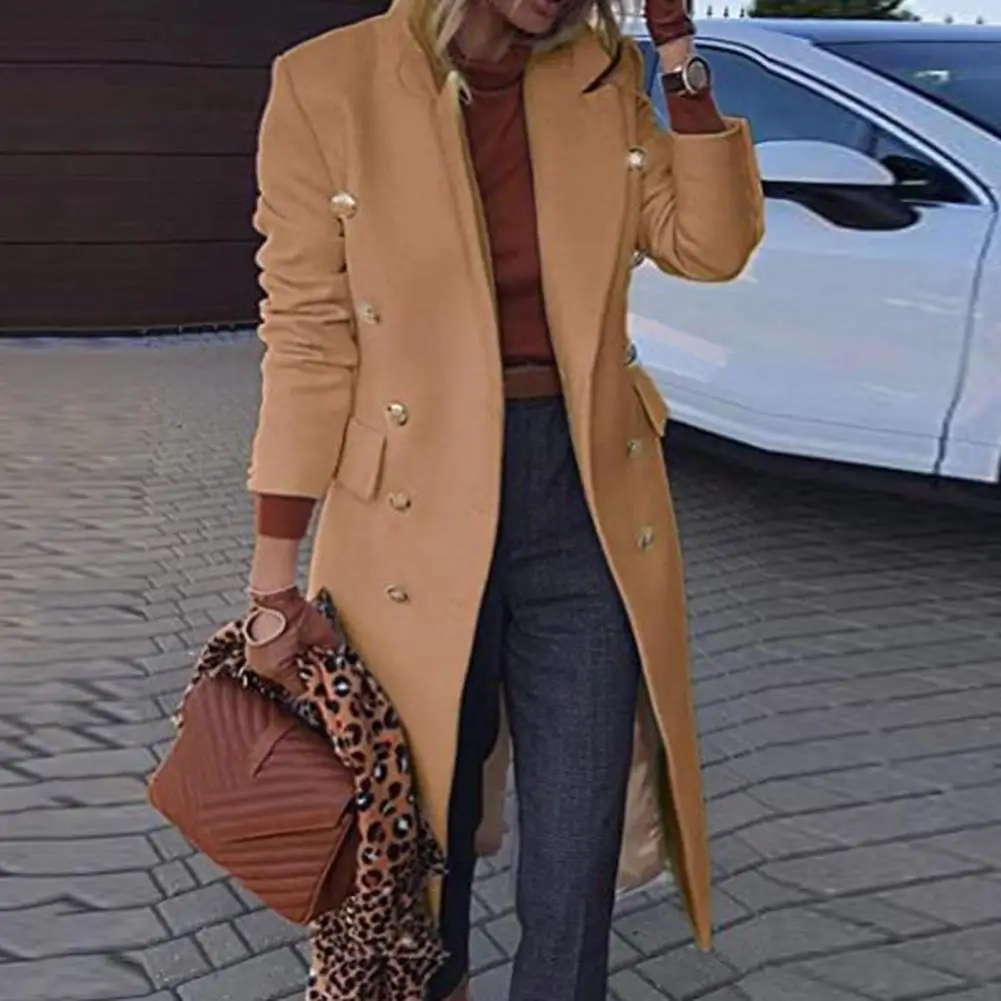 Casaco de lã feminino na altura do joelho com bolsos trespassado, casaco elegante com lapela, streetwear outono e inverno