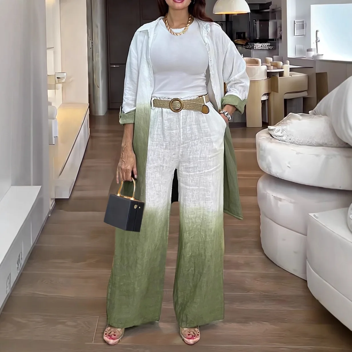 

Women New Fashion 2 Pieces Outfit Ombre Print Long Sleeve Blouse and Casual High Waist Wide Leg Pants Set (Without Belt)